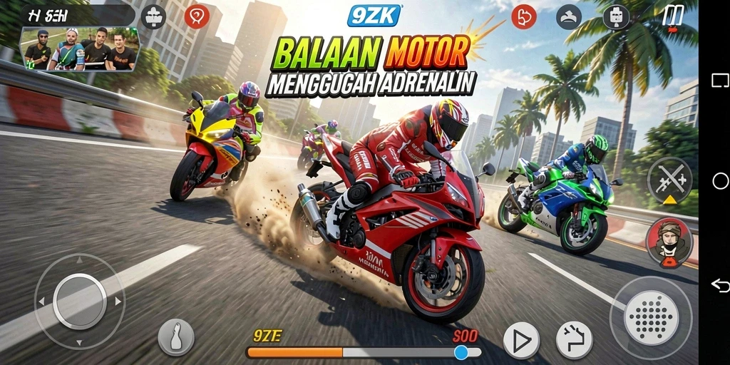 Gameplay seru di 9ZK dengan balapan motor yang mendebarkan.