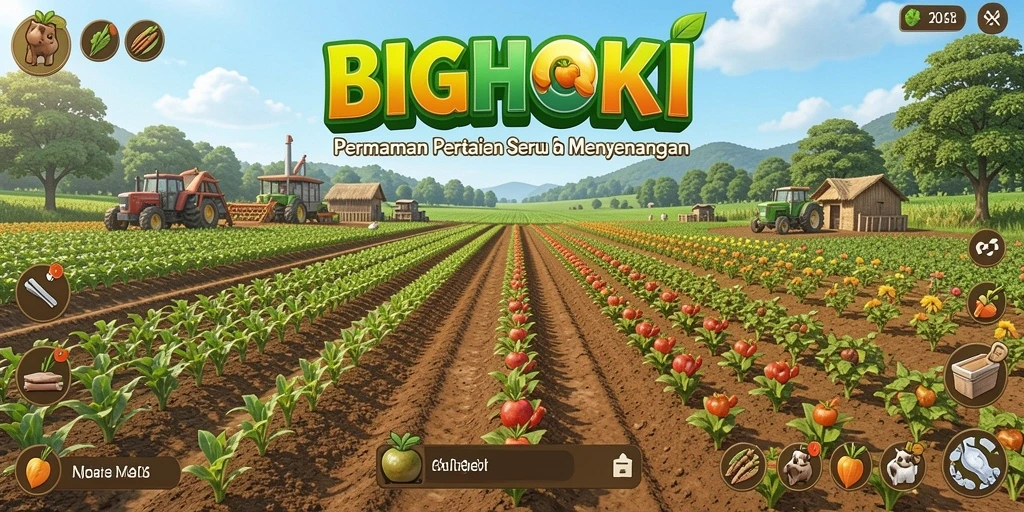Tampilan gameplay BIGHOKI yang menarik dan penuh warna saat bertani.