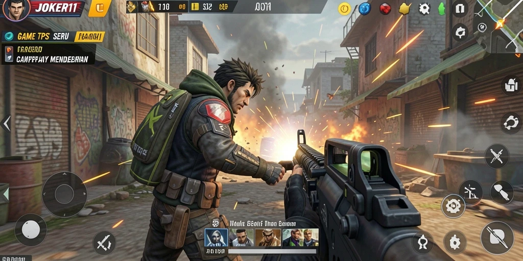 Screenshot utama JOKER11 menampilkan aksi tembak-menembak yang mendebarkan.