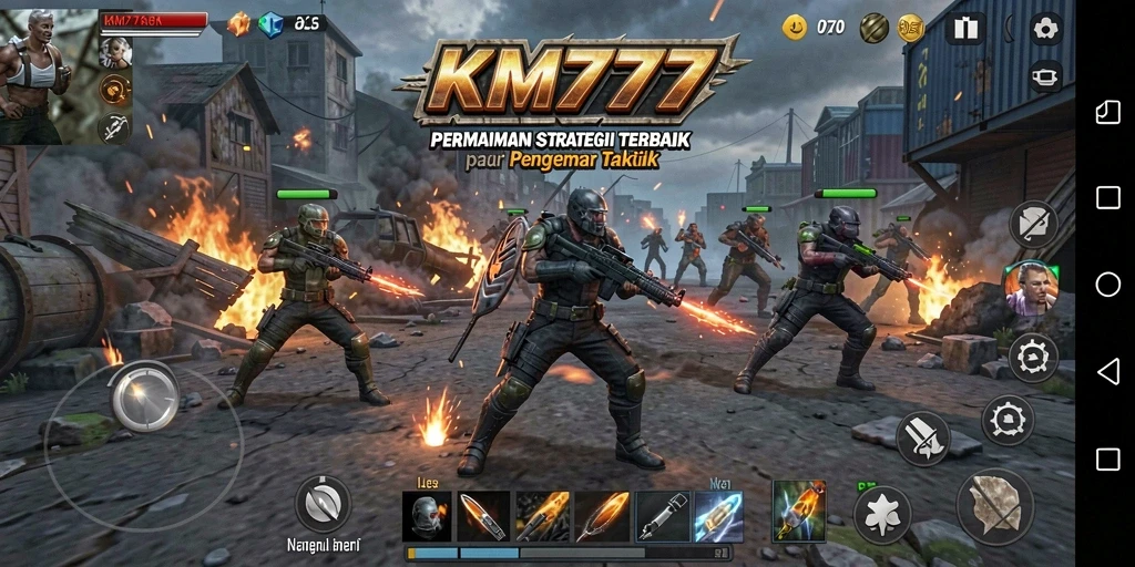 Screenshot gameplay KM777 menunjukkan pertempuran strategis yang mendebarkan.