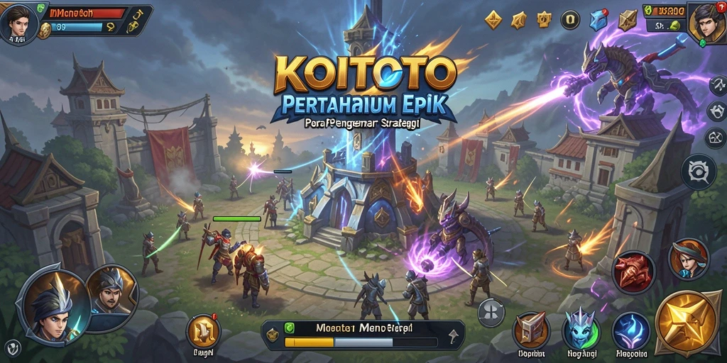 Tampilan epik gameplay tower defense KOITOTO dengan tower yang siap bertempur.
