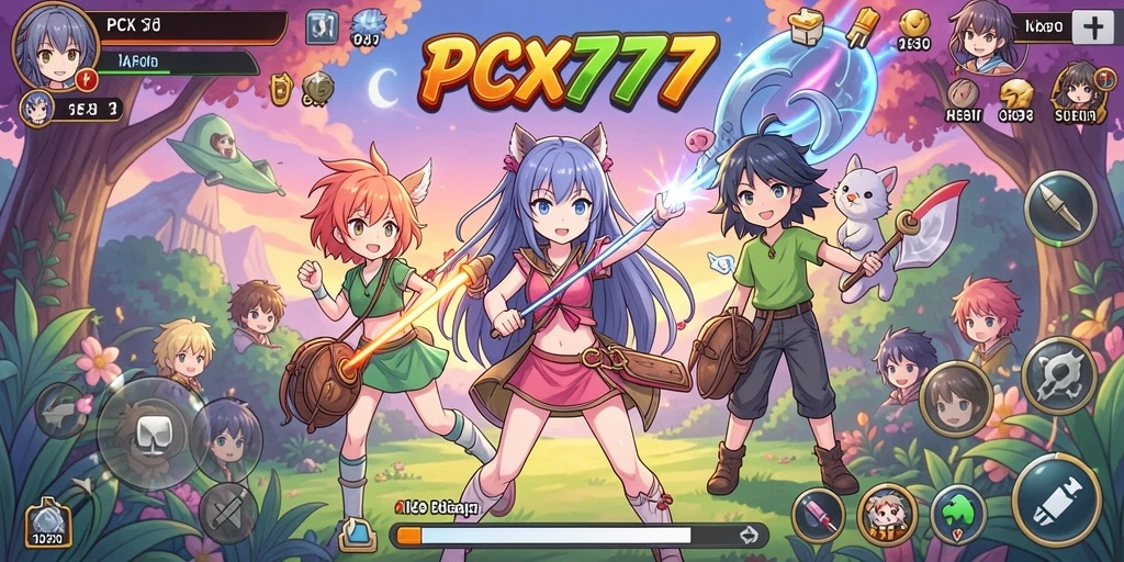 Screenshot gameplay PCX777 menampilkan petualangan seru dalam gaya Anime.